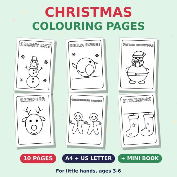 Christmas colouring pages: snowy day, robin, Father Christmas, reindeer, gingerbread friends and stockings