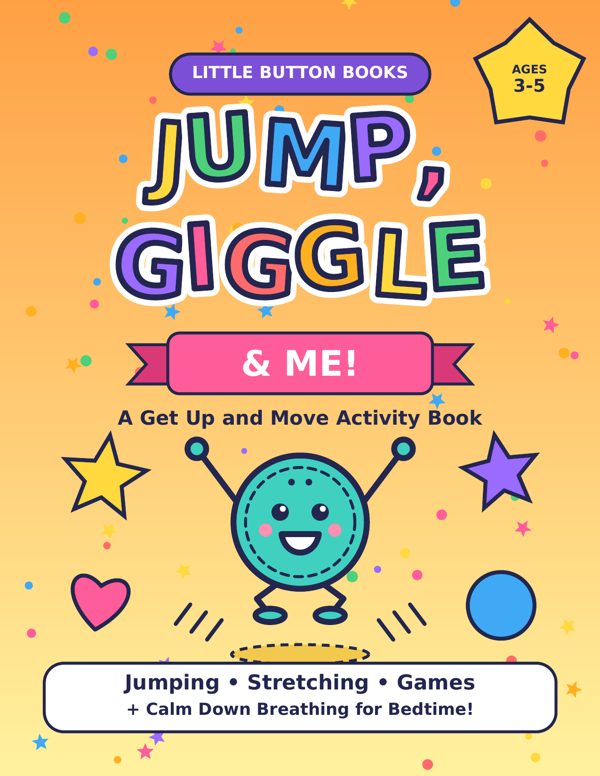 Jump, Giggle & Me! cover: Button jumping with stars and shapes
